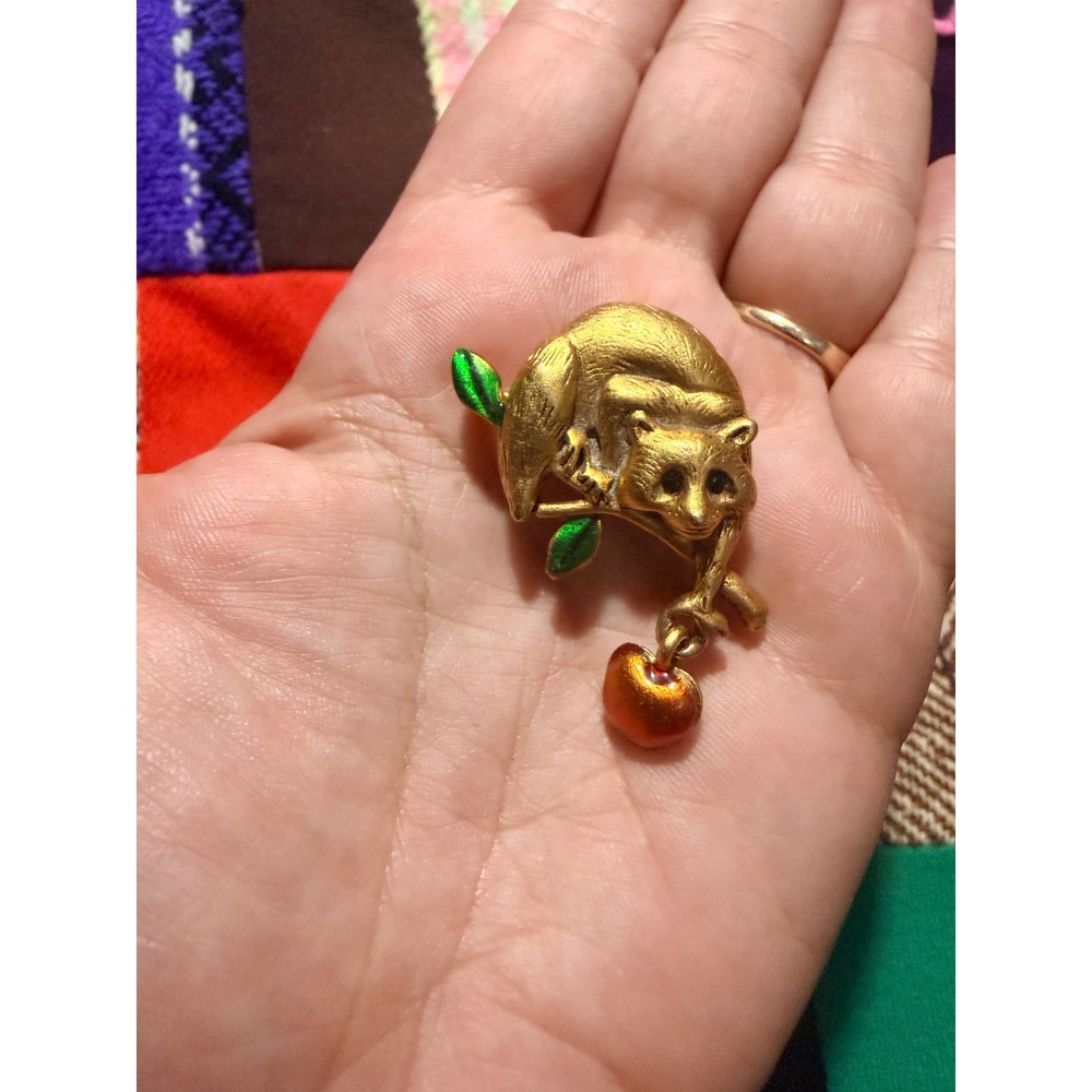 Vintage Raccoon Brooch Gold Tone Enamel Apple Charm Jimothy!